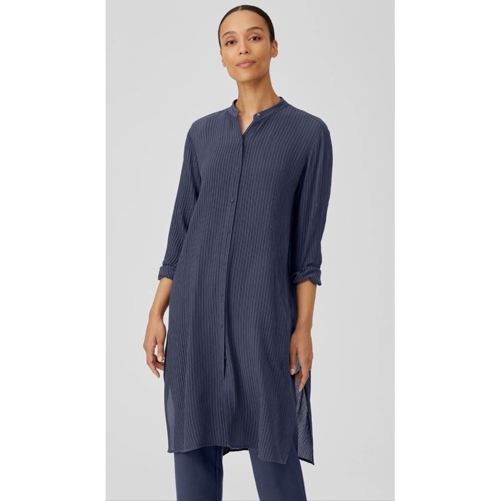 Eileen‎ Fisher Navy Accordion Silk Jacquard Mandarin Collar Long Shirt Women's S